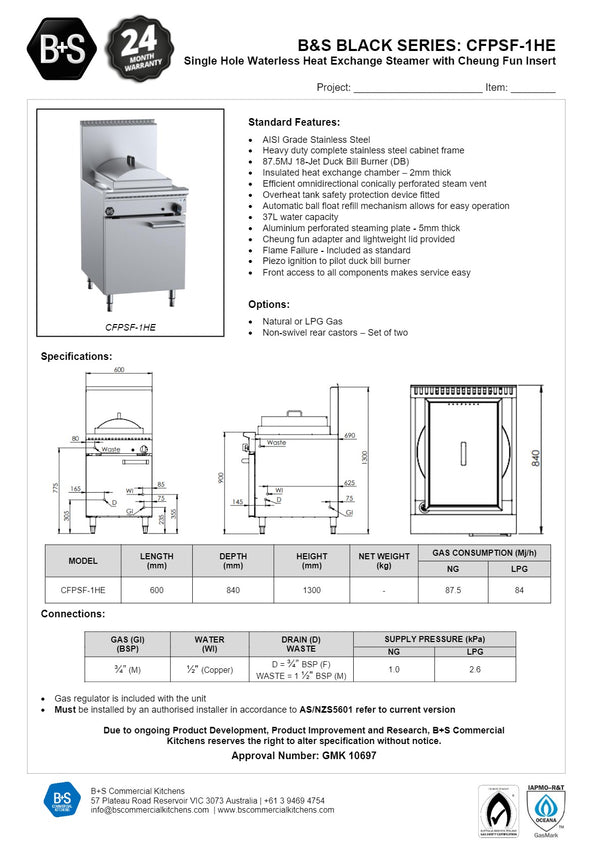 B+S Black CFPSF-1HE - Waterless Heat Exchange Steamer with Cheung Fun Insert