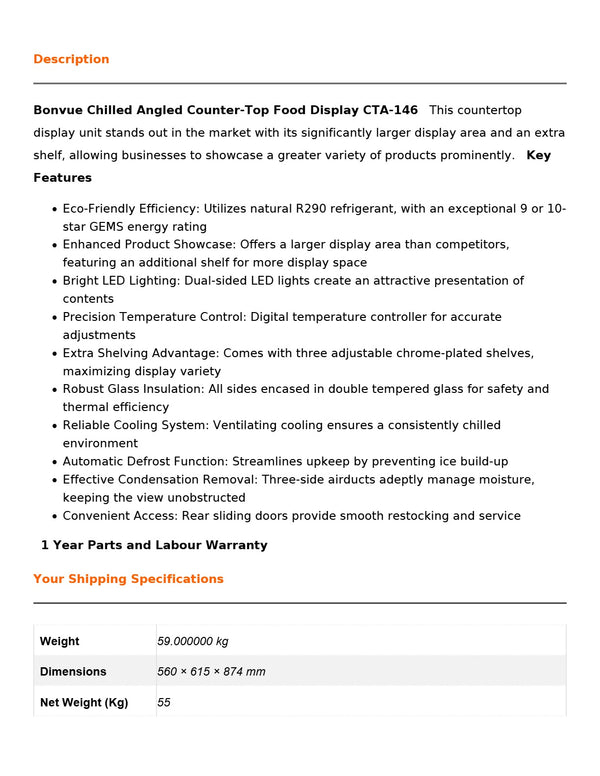 Bonvue CTA-146 - Countertop Cold Food Display