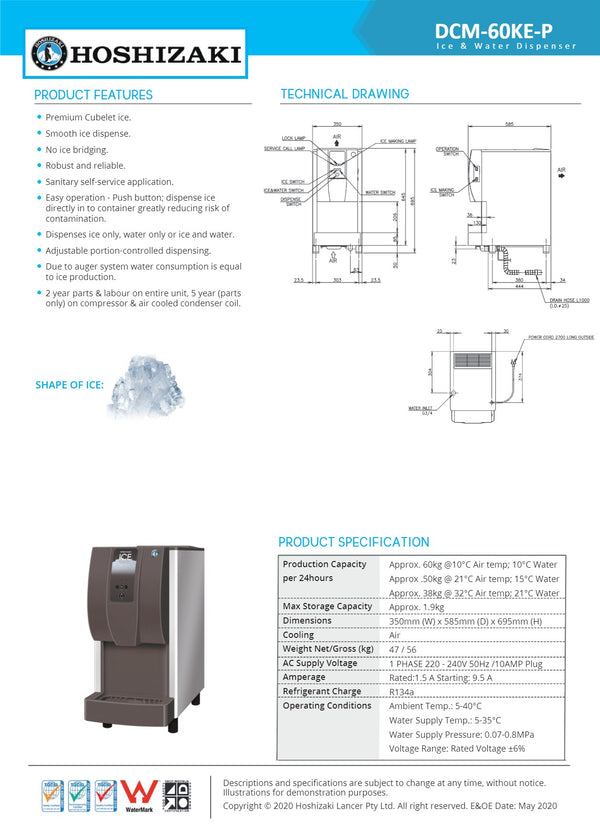 Hoshizaki DCM-60KE-P - Ice & Water Dispenser