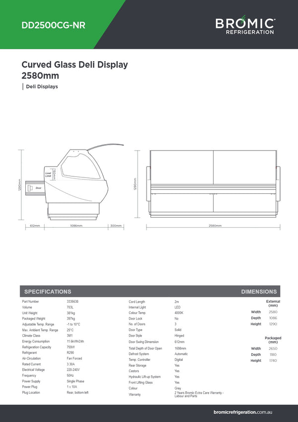 Bromic DD2500CG-NR - Curved Glass Deli Display