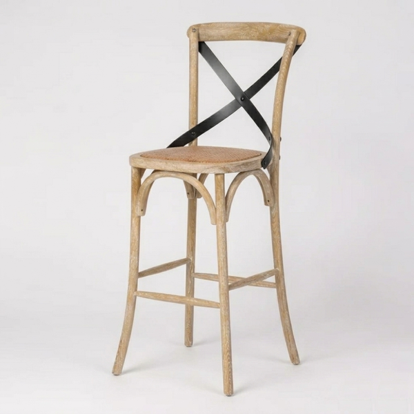 Darlinghurst Elmwood Cross Back Bar Stool with Rattan Seat