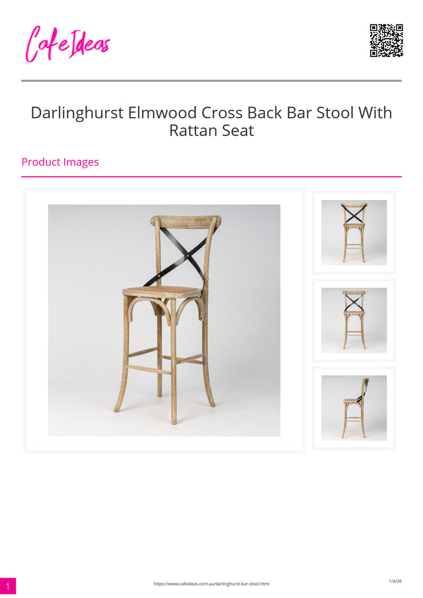 Darlinghurst Elmwood Cross Back Bar Stool with Rattan Seat