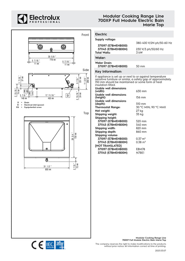 Electrolux Professional 700XP E7BMEHB000 - Full Module Bain Marie Top