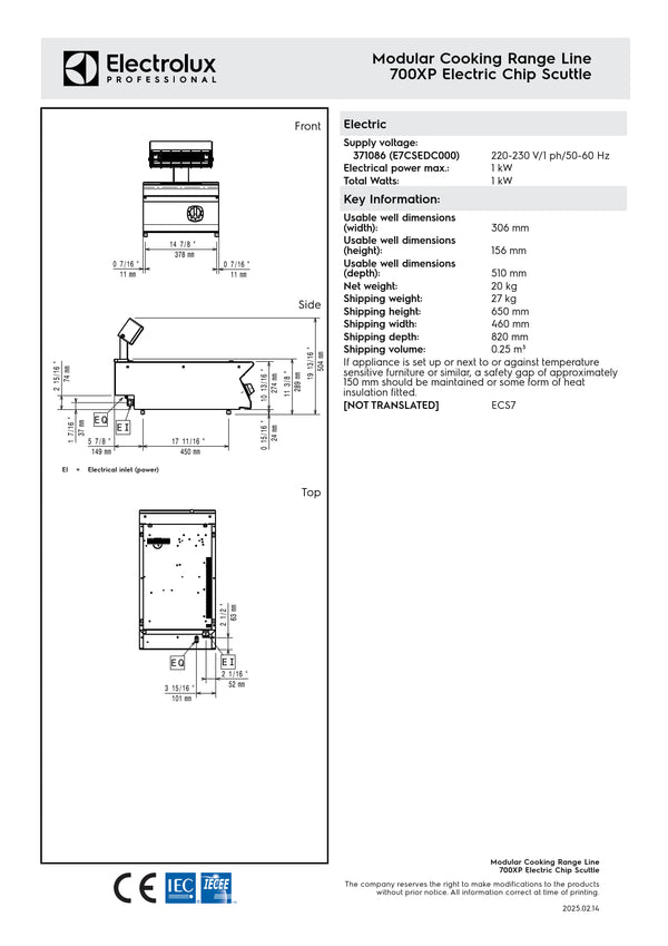Electrolux Professional 700XP E7CSPDC000 - Chip Scuttle