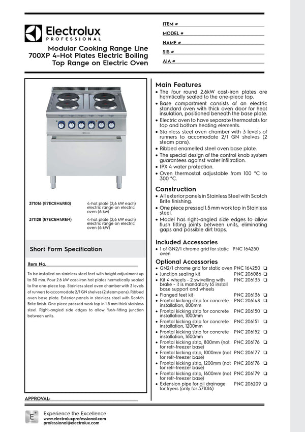 Electrolux Professional 700XP E7ECEH4RE0 - Two Hob Electric Range Oven