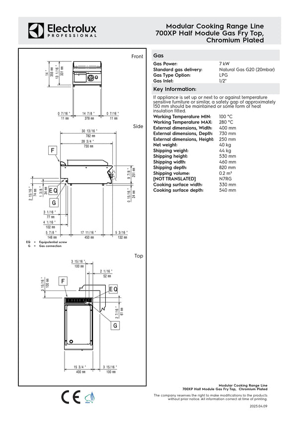 Electrolux Professional 700XP E7FTGDCS00 - Gas Griddle Plate