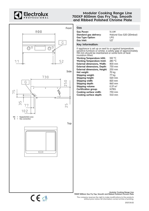 Electrolux Professional 700XP E7FTGHCP00 - Gas Griddle Plate