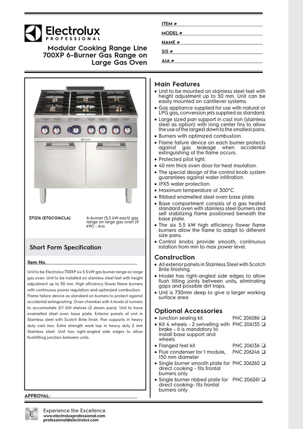 Electrolux Professional 700XP E7GCGI6ClA - Six Burner Range Oven