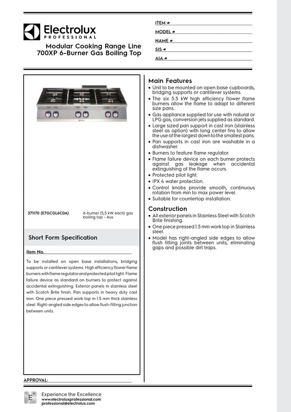 Electrolux Professional 700XP E7GCGL6C0A - Six Burner Gas Cook Top