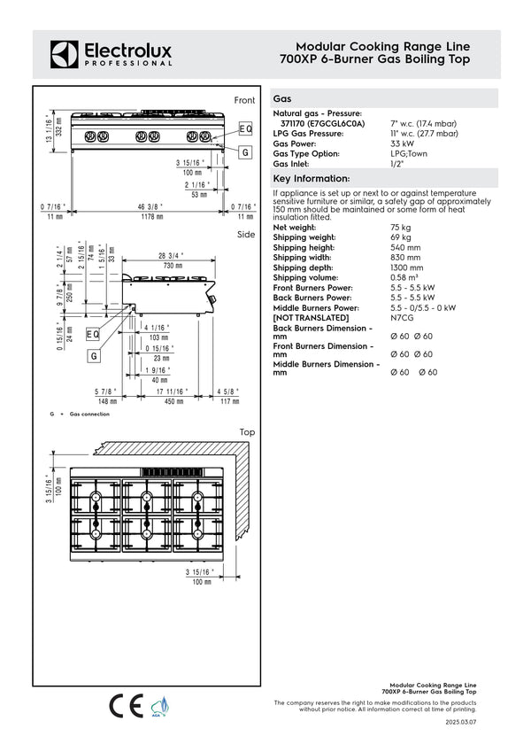 Electrolux Professional 700XP E7GCGL6C0A - Six Burner Gas Cook Top