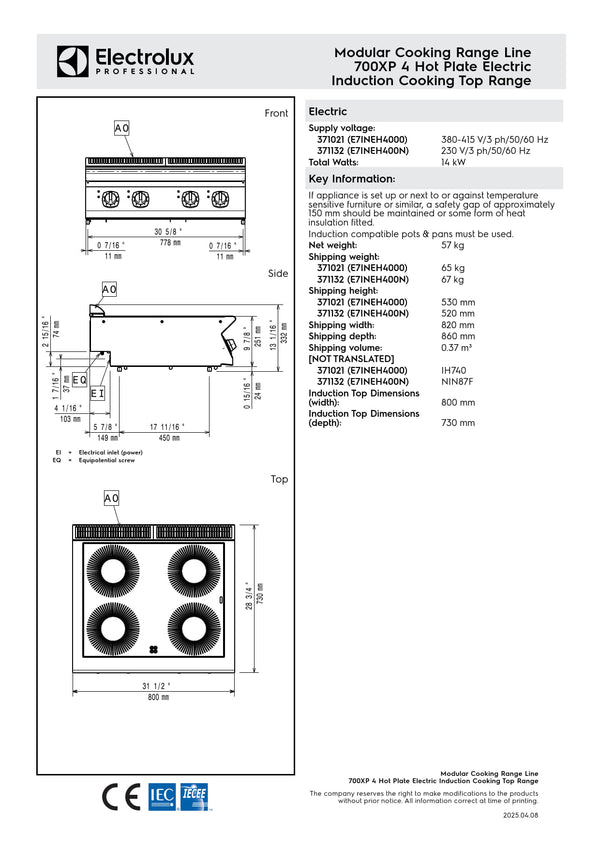 Electrolux Professional 700XP E7INEH4000 - Four Zone Induction Cook Top