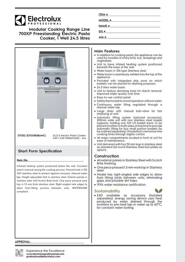 Electrolux Professional 700XP E7OOBDBAMC - Single Well Electric Pasta Cooker
