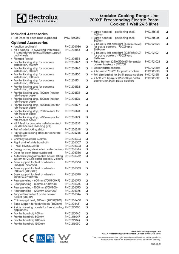 Electrolux Professional 700XP E7OOBDBAMC - Single Well Electric Pasta Cooker