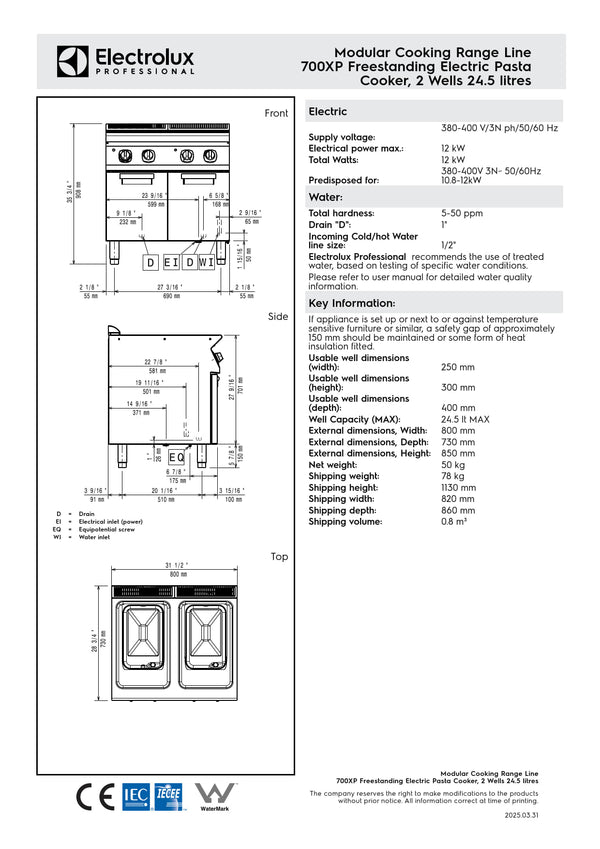 Electrolux Professional 700XP E7OOBDBAME - Double Well Electric Pasta Cooker