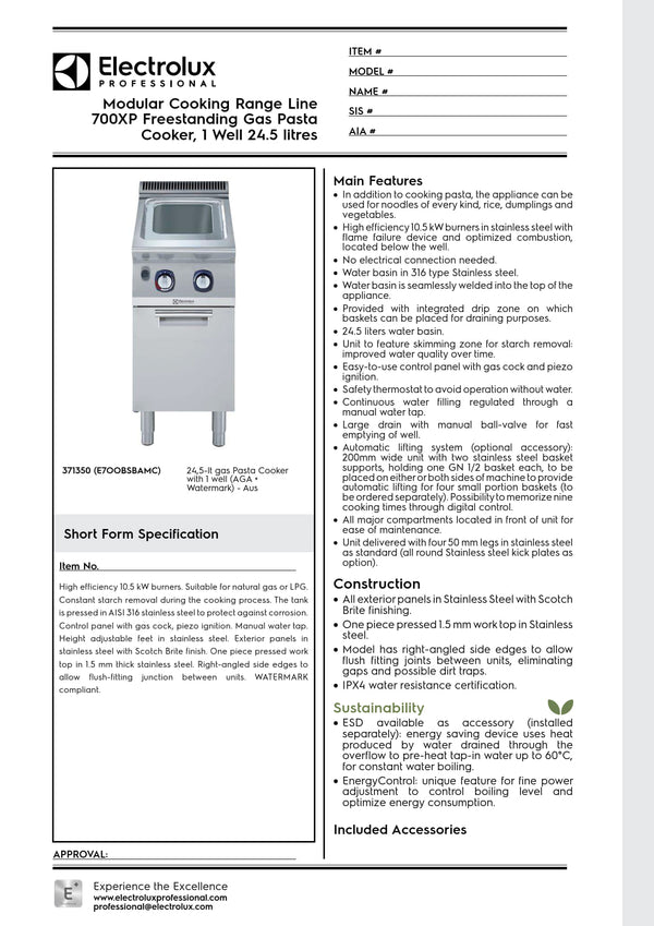 Electrolux Professional 700XP E7OOBSBAMC - Single Well Gas Pasta Cooker