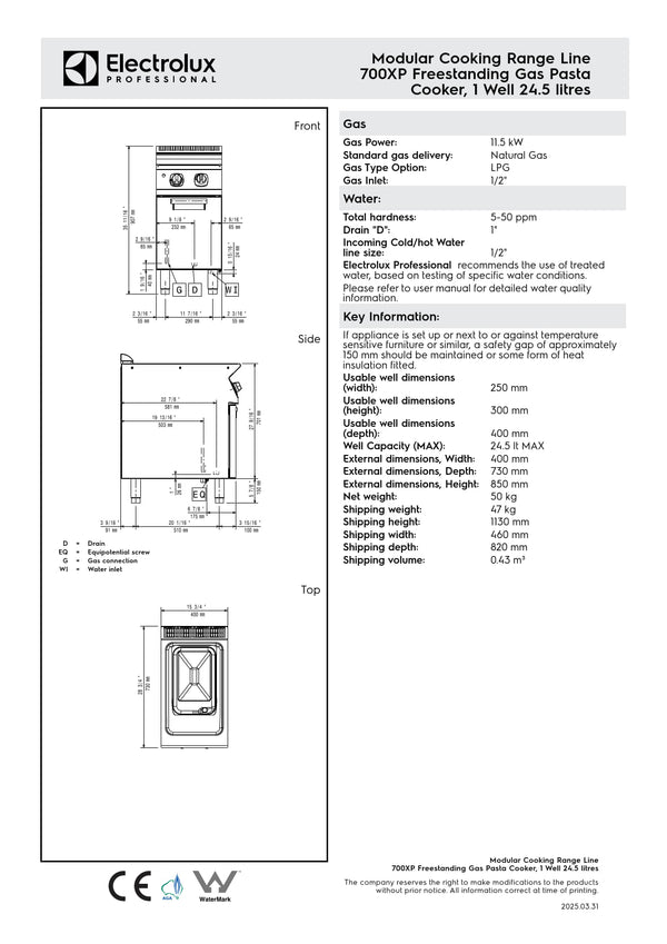 Electrolux Professional 700XP E7OOBSBAMC - Single Well Gas Pasta Cooker