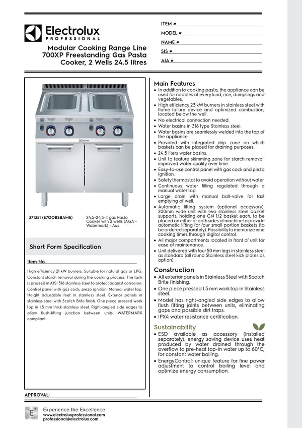 Electrolux Professional 700XP E7OOBSBAME - Double Well Gas Pasta Cooker
