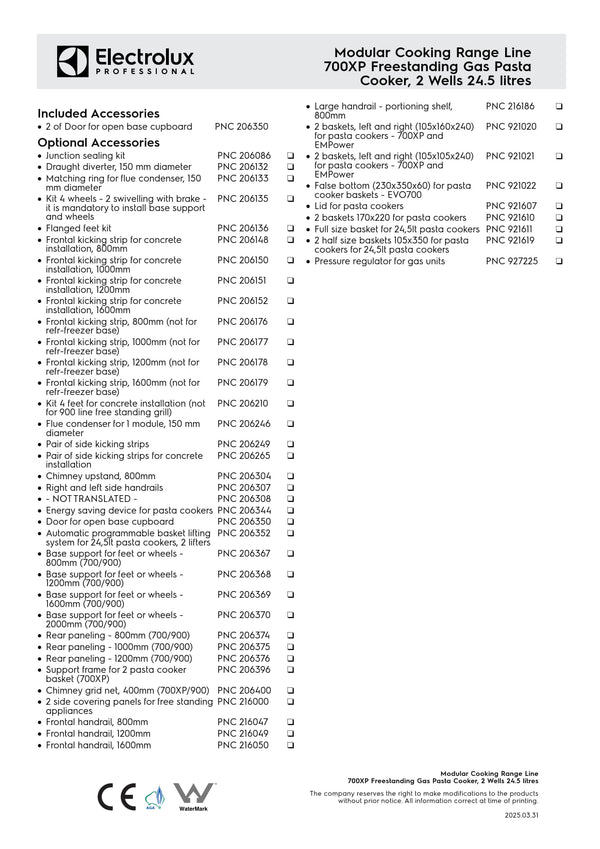 Electrolux Professional 700XP E7OOBSBAME - Double Well Gas Pasta Cooker