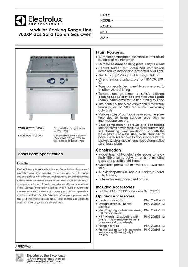 Electrolux Professional 700XP E7STGH10GA - Gas Target Top With Oven