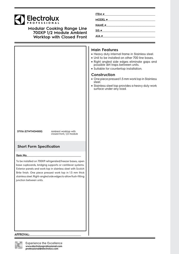 Electrolux Professional 700XP E7WTNDN000 - Neutral Worktop