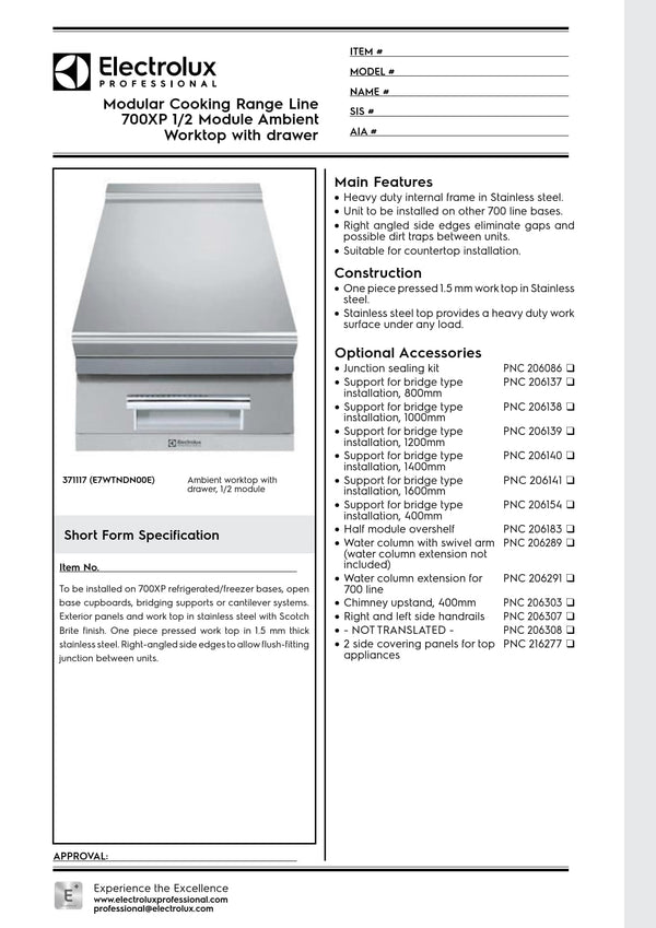 Electrolux Professional 700XP E7WTNDN00E - Neutral Worktop