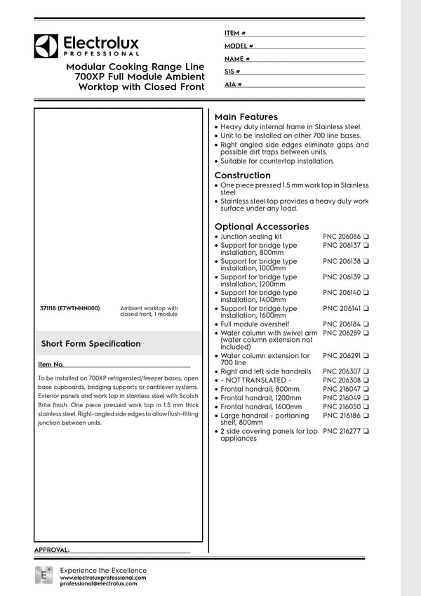 Electrolux Professional 700XP E7WTNHN000 - Neutral Worktop