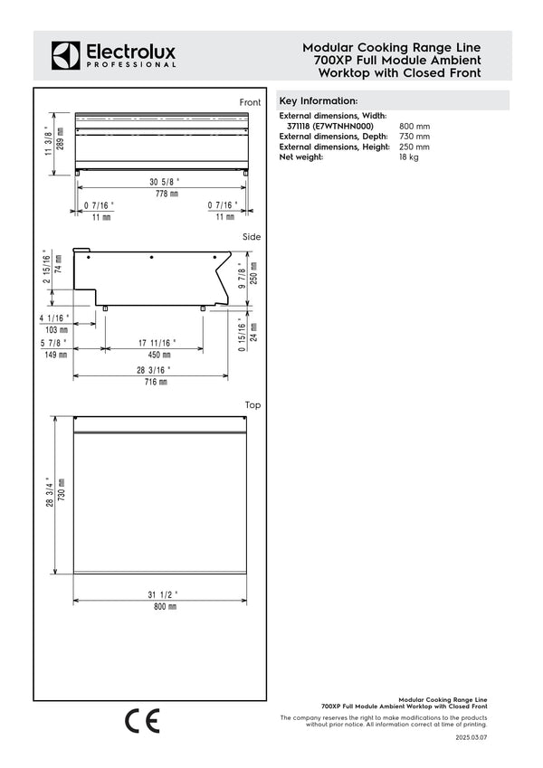 Electrolux Professional 700XP E7WTNHN000 - Neutral Worktop