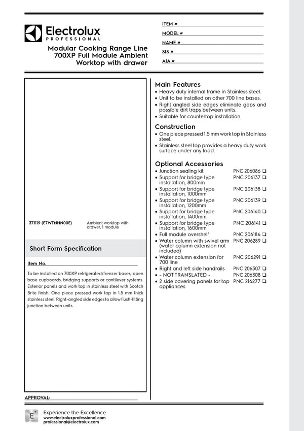 Electrolux Professional 700XP E7WTNHN00E - Neutral Worktop