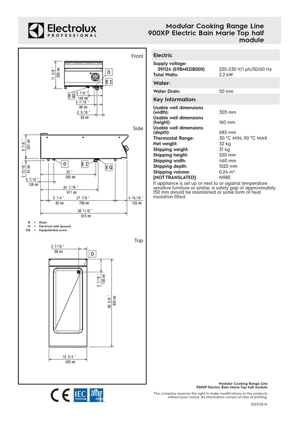 Electrolux Professional 900XP E9BMEDB000 - Half Module Electric Bain Marie Top