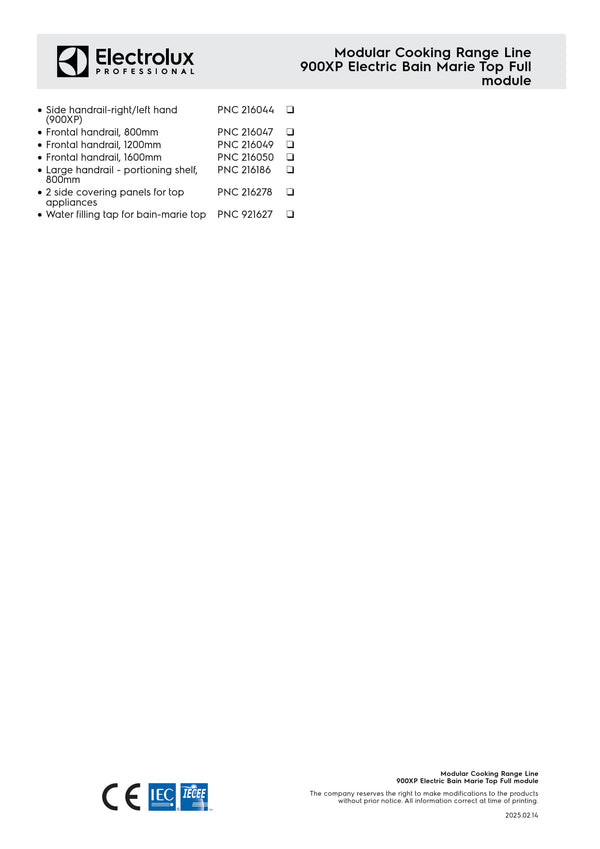 Electrolux Professional 900XP E9BMEHB000 - Full Module Electric Bain Marie Top