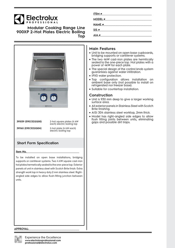 Electrolux Professional 900XP E9ECED2Q00 - Two Hob Electric Cook Top