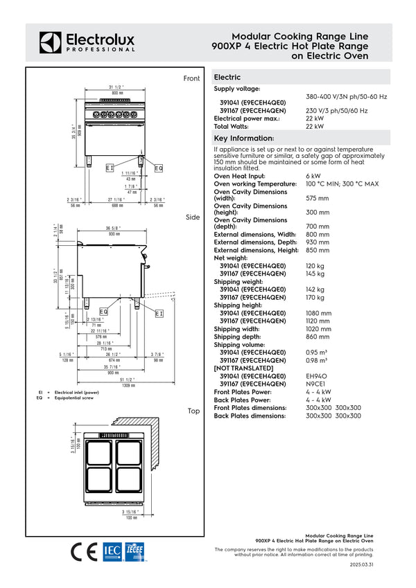 Electrolux Professional 900XP E9ECEH4QE0 - Four Hob Electric Cook Top on Electric Oven