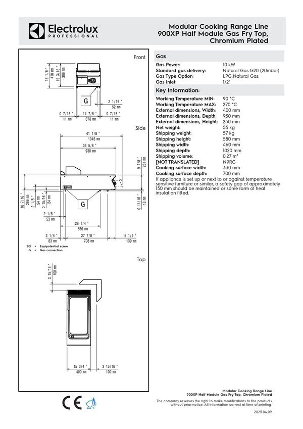 Electrolux Professional 900XP E9FTGDCS00 - Gas Griddle Plate
