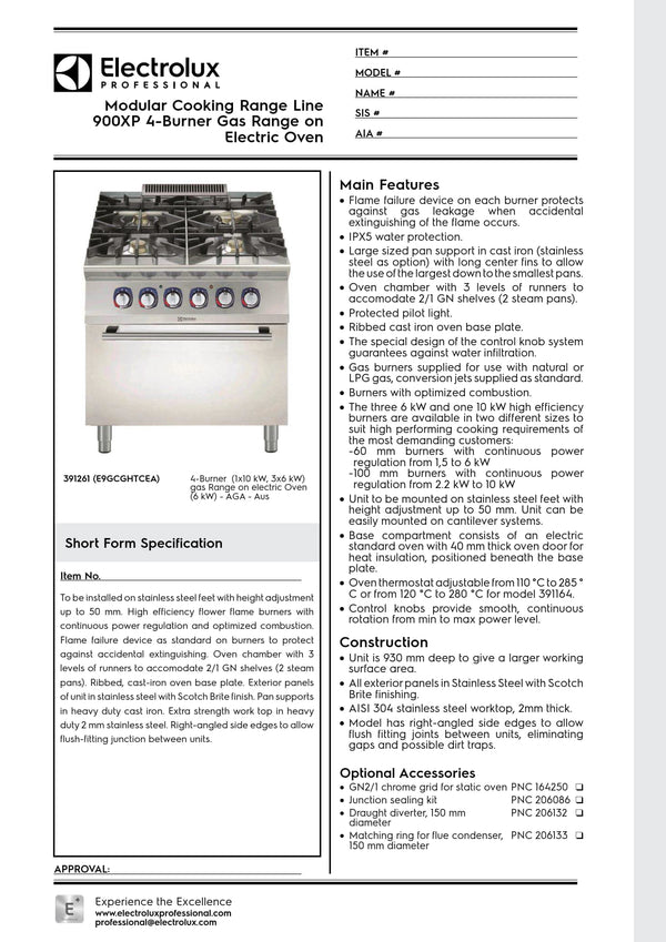 Electrolux Professional 900XP E9GCGHTCEA - Four Burner Gas Range with Electric Oven