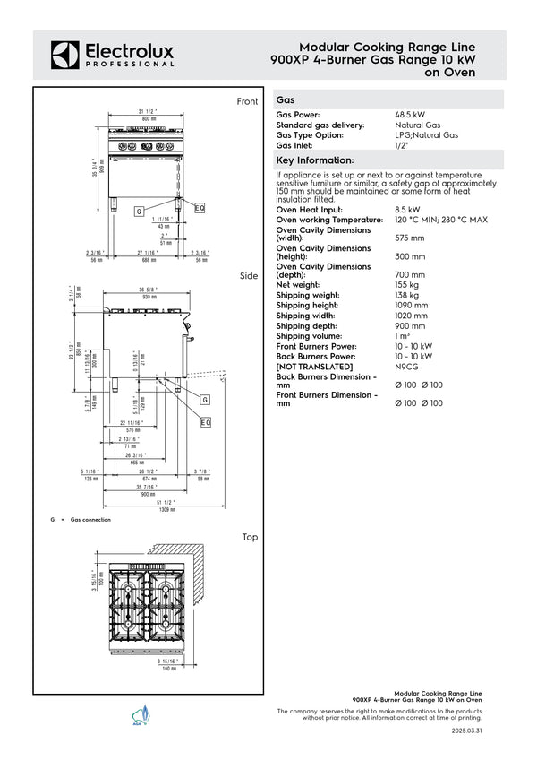 Electrolux Professional 900XP E9GCGHTCGB - Four Burner Gas Range Oven
