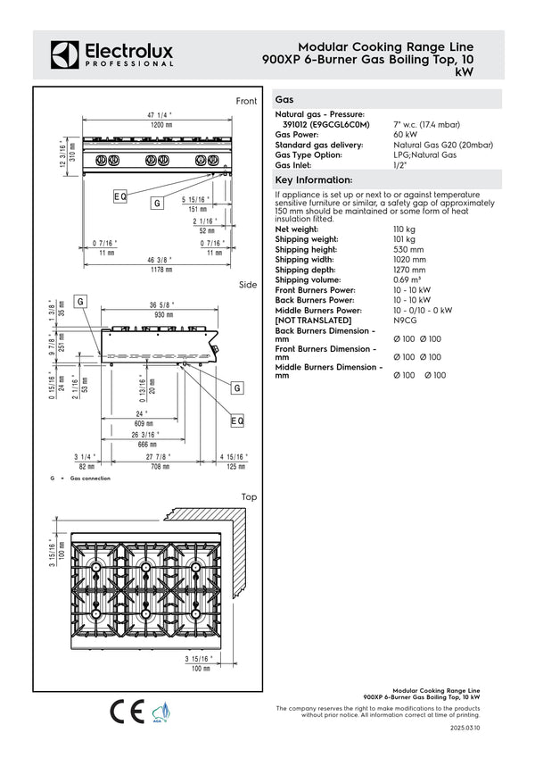 Electrolux Professional 900XP E9GCGL6C0M - Six Burner Gas Cook Top