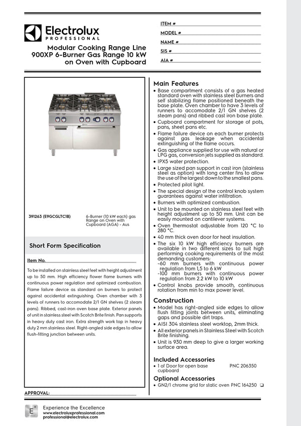 Electrolux Professional 900XP E9GCGLTC1B - Six Burner Gas Range Oven