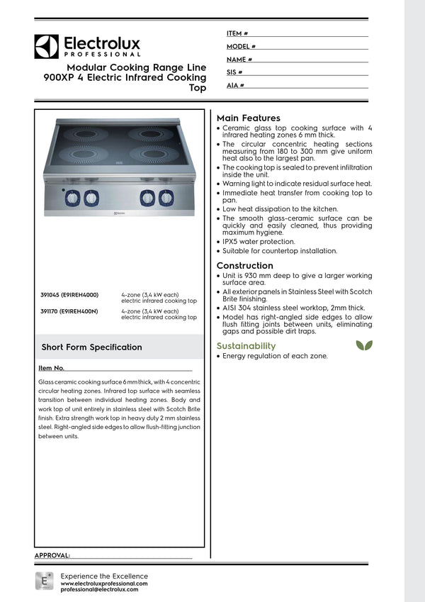 Electrolux Professional 900XP E9IREH4000 - Four Zone Electric Infrared Cook Top