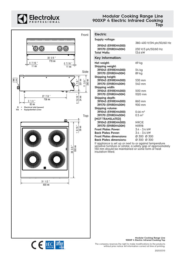 Electrolux Professional 900XP E9IREH4000 - Four Zone Electric Infrared Cook Top