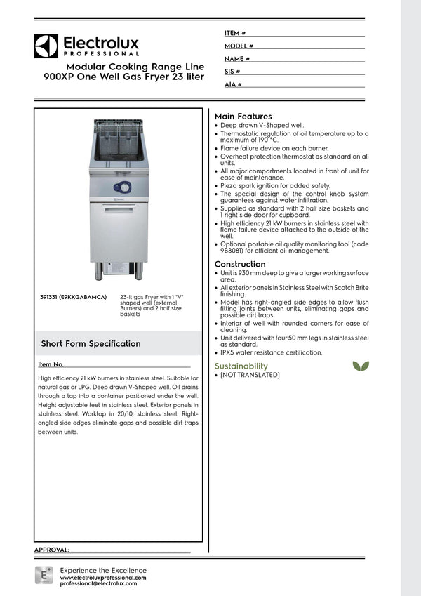 Electrolux Professional 900XP E9KKGABAMCA - Single Pan Gas Fryer