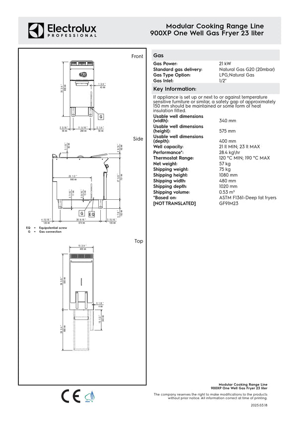 Electrolux Professional 900XP E9KKGABAMCA - Single Pan Gas Fryer