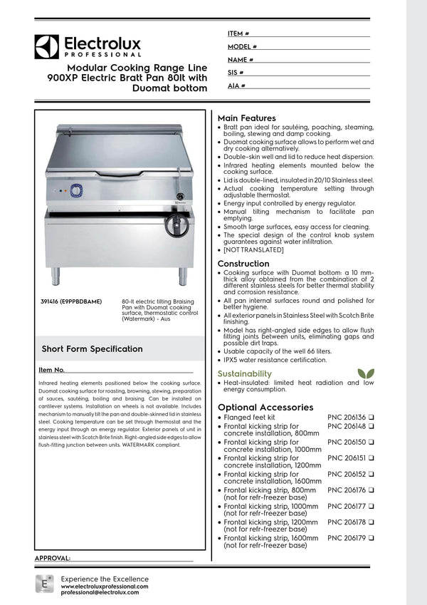 Electrolux Professional 900XP E9PPBDBAME - 80 Litre Electric Bratt Pan