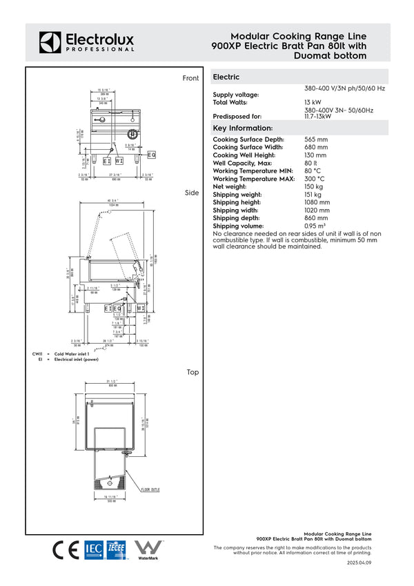 Electrolux Professional 900XP E9PPBDBAME - 80 Litre Electric Bratt Pan