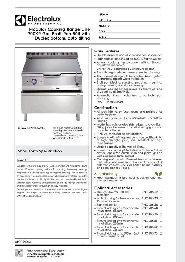 Electrolux Professional 900XP E9PPBSBAMED - 80 Litre Gas Bratt Pan