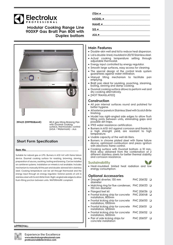 Electrolux Professional 900XP E9PPBSBAME - 80 Litre Gas Bratt Pan