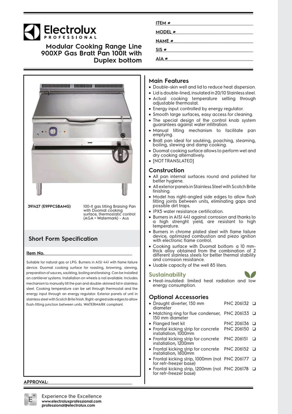 Electrolux Professional 900XP E9PPCSBAMG - 100 Litre Gas Bratt Pan