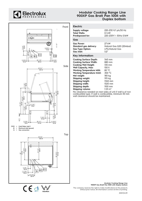 Electrolux Professional 900XP E9PPCSBAMG - 100 Litre Gas Bratt Pan