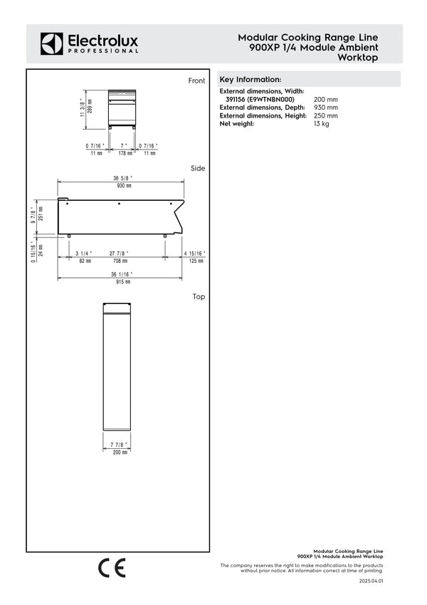 Electrolux Professional 900XP E9WTNBN000 - Neutral Worktop with Fixed Front