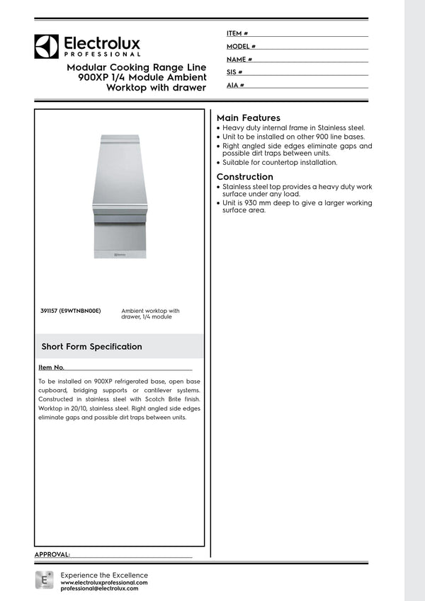 Electrolux Professional 900XP E9WTNBN00E - Neutral Worktop with Drawer