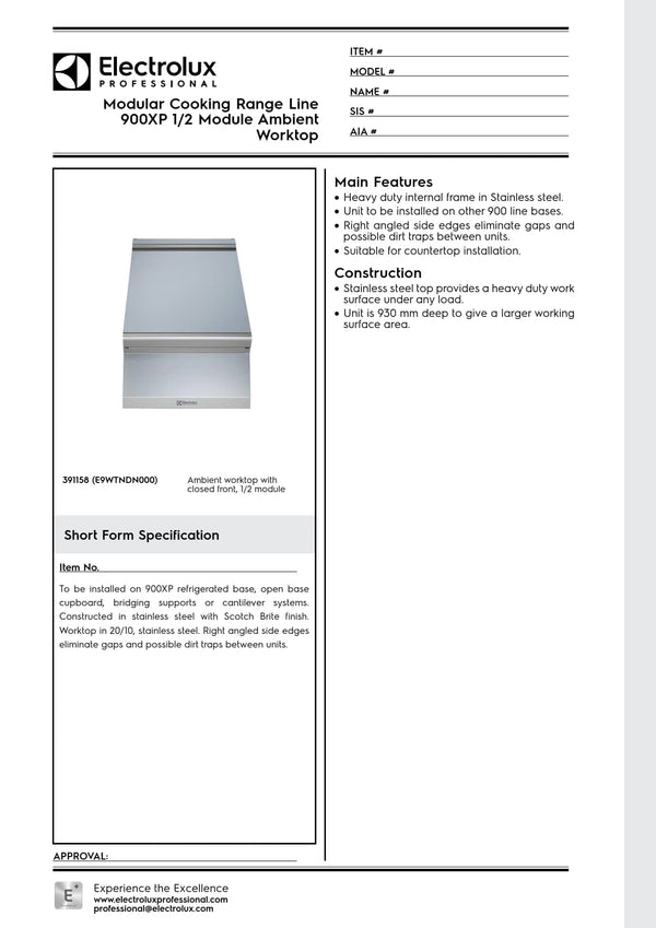 Electrolux Professional 900XP E9WTNDN000 - Neutral Worktop with Fixed Front